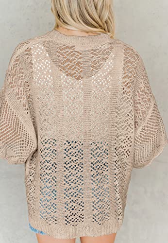 Coololi Women's Crochet Open Front Cardigan 3/4 Bell Sleeve Soft Oversized Knitted Sweater Outerwear Cover Up Coat2