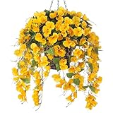 Artificial Hanging Flower Baskets for Fall Decoration, Outdoor Fake Plant Faux Silk Hibiscus Long Vines in Planter UV Resistant Realistic Flowers for Outside Porch Patio Home Decor, Yellow
