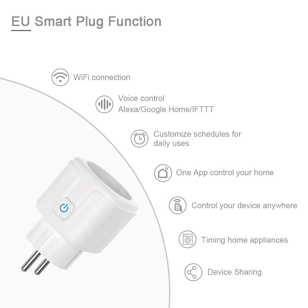 WiFi Smart Plug Outlet Compatible with Alexa Google Assistant App and Voice Control No Required Hub EU 10A — view 3