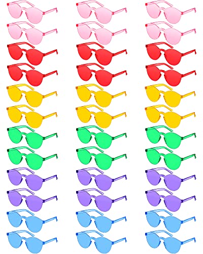 Xuhal 36 Pairs Colored Sunglasses Round Fun Transparent Candy Color Rimless Sunglasses Party Colored Glasses Tinted Eyewear Colorful Retro Eyeglasses for Women Men, 6 Colors