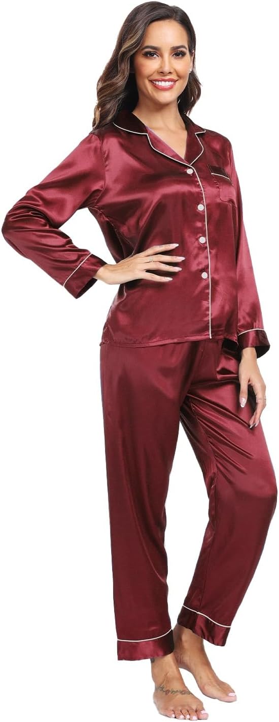 Super Shopping-zone Women's Satin Pajama Set Long Sleeve Pajamas Button Down Pjs Set Silky Sleep Set Sleepwear Loungewear - Image 4