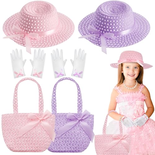 Zhanmai 6 Pcs Girls Tea Party Play Set Bow Tea Party Hats for Girls with Purses and Gloves Tea Party Dress up Favors (Pink Purple Stylish Style)