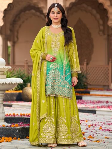 Image of INDO ERA Women's Silk Blend Embroidered Straight Kurta & Palazzo with Dupatta Set (IEOUT10598)