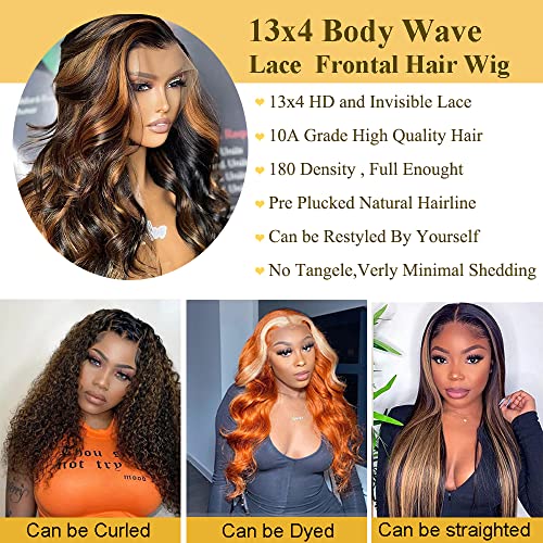 Highlight Ombre Lace Front Wig Human Hair Highlight 1B/30 Black Brown 13X4 Glueless Transparent Lace Frontal Wigs Pre Plucked With Baby Hair Body Wave Ombre Honey Blonde Human Hair Wigs For Black Women 180% Density(26Inch Highlight Wig) #TOP3