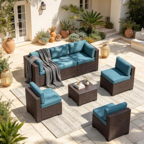 Image of Patio Furniture Set (Brown Rattan & Peacock Blue Cushions, 7 Pieces)