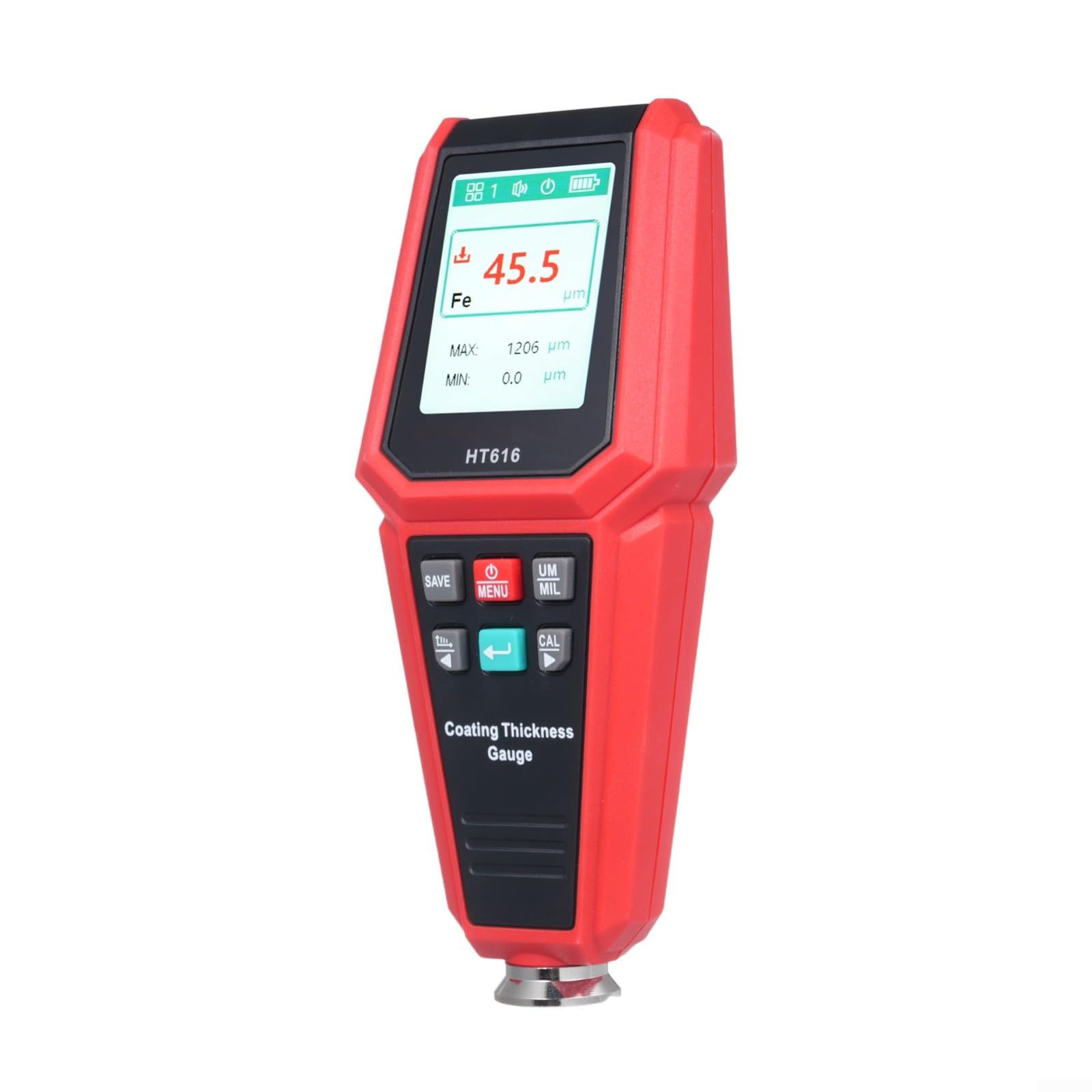 HT616 Misuratore di spessore della vernice con display TFT da 2,0 pollici, rilevamento automatico del substrato per ferro e non ferro, campo di misurazione 0-1500µm, memoria per 256 valori, funzione