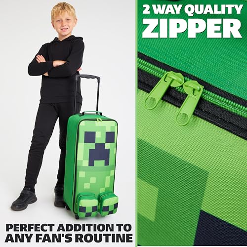 Minecraft Kids Foldable Trolley Bag 25”, 17L Luggage with Wheels, Creeper - Gamer Travel Essentials, Gifts for Kids2