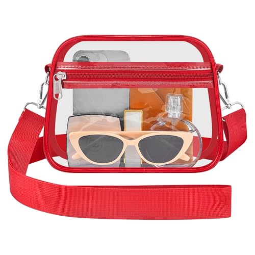 Clear Bag for Stadium Events - Stadium Approved Small Mini Clear Purse with Wide Adjustable Strap Womens Top-Handle Handbags for Sports Concerts Festivals(Red)