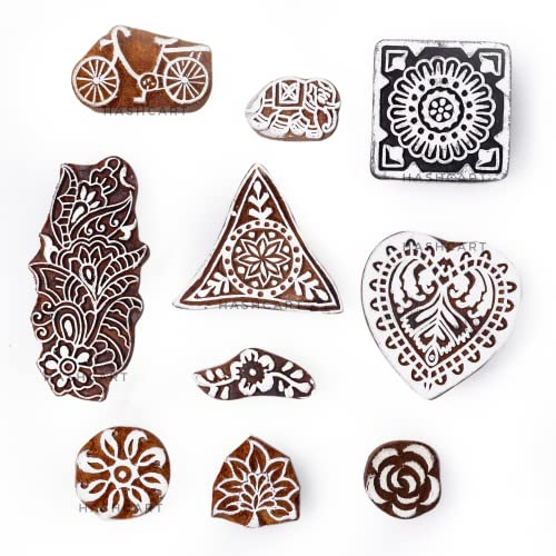 Image of Hashcart | Set of 10 | Wooden Floral Multi-Design Printing Stamps for Scrapbooking | Blocks for Project Making | Henna Mehndi | Fabric Textile | Art Craft | Pottery Craft