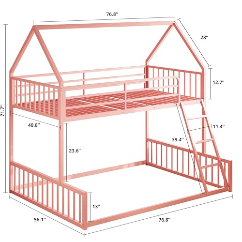 Image of LIKIMIO Bunk Bed Twin Over Full Size, House Bunk Bed Frame with Ladder and Guardrail, House Shaped with Metal Slats Support No Box Spring Needed Space Saving for Bedroom and Dorm, Pink