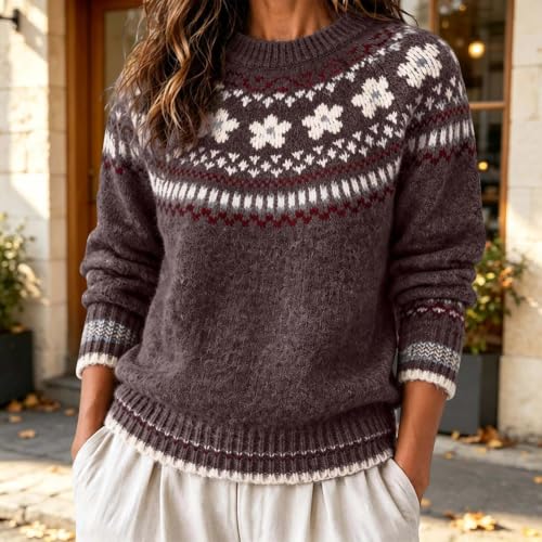 Sweater for Women Fair Isle Long Sleeve Pullover Crew Neck Knit Tops - image 2
