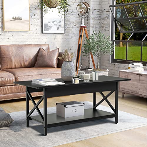 Costway Industrial Coffee Table, 2-Tier Wood Cocktail Tea Table With Storage Shelf And X-Shape Steel Frame, Rectangle Sofa Side Accent Table For Living Room Home Office, Black #TOP1