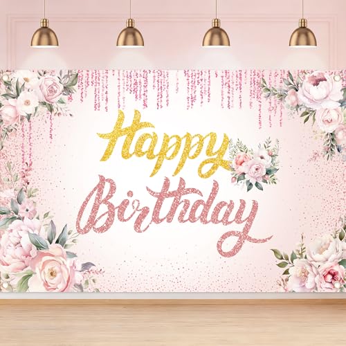 Pink Floral Happy Birthday Backdrop Banner for Women Grils