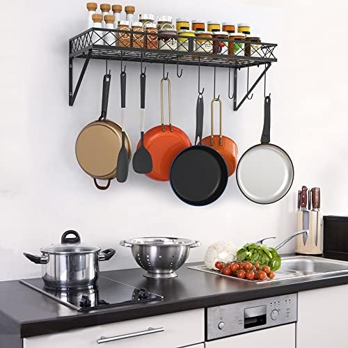 Mutool Wall Mount Pot Pan Racks, 70CM Saucepan Hanging Racks Utensils Hanging Shelf, Pan Rack for kitchen, Metal Cookware Organiser with 10 Hooks, Black