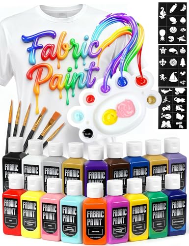 TMOL Fabric Paint Set - Permanent & Washer Safe, 18 Vibrant Colors, in Bottles (60ml/2oz), Non-Toxic Certified Fabric Paint with Brushes & Stencils, Textile Paint for Clothes, DIY Projects & Art