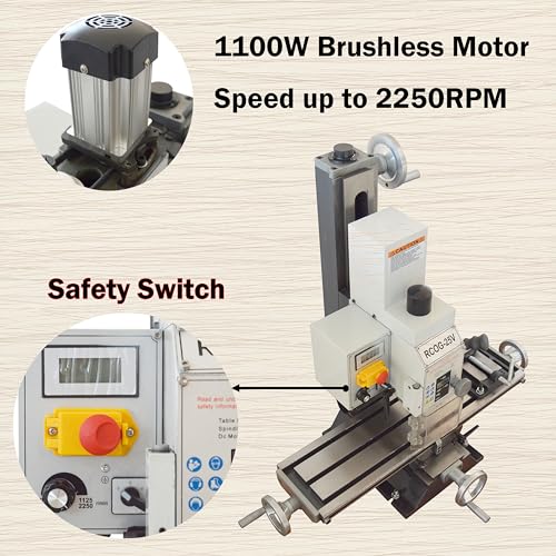 JARYANNIX 1100W Vertical Milling and Drilling Machine R8 Brushless Precision Benchtop Metal Wood With 27.5"*7.1" Table for Metal Woodworking/DIY 50-2250rpm 110V - Image 5