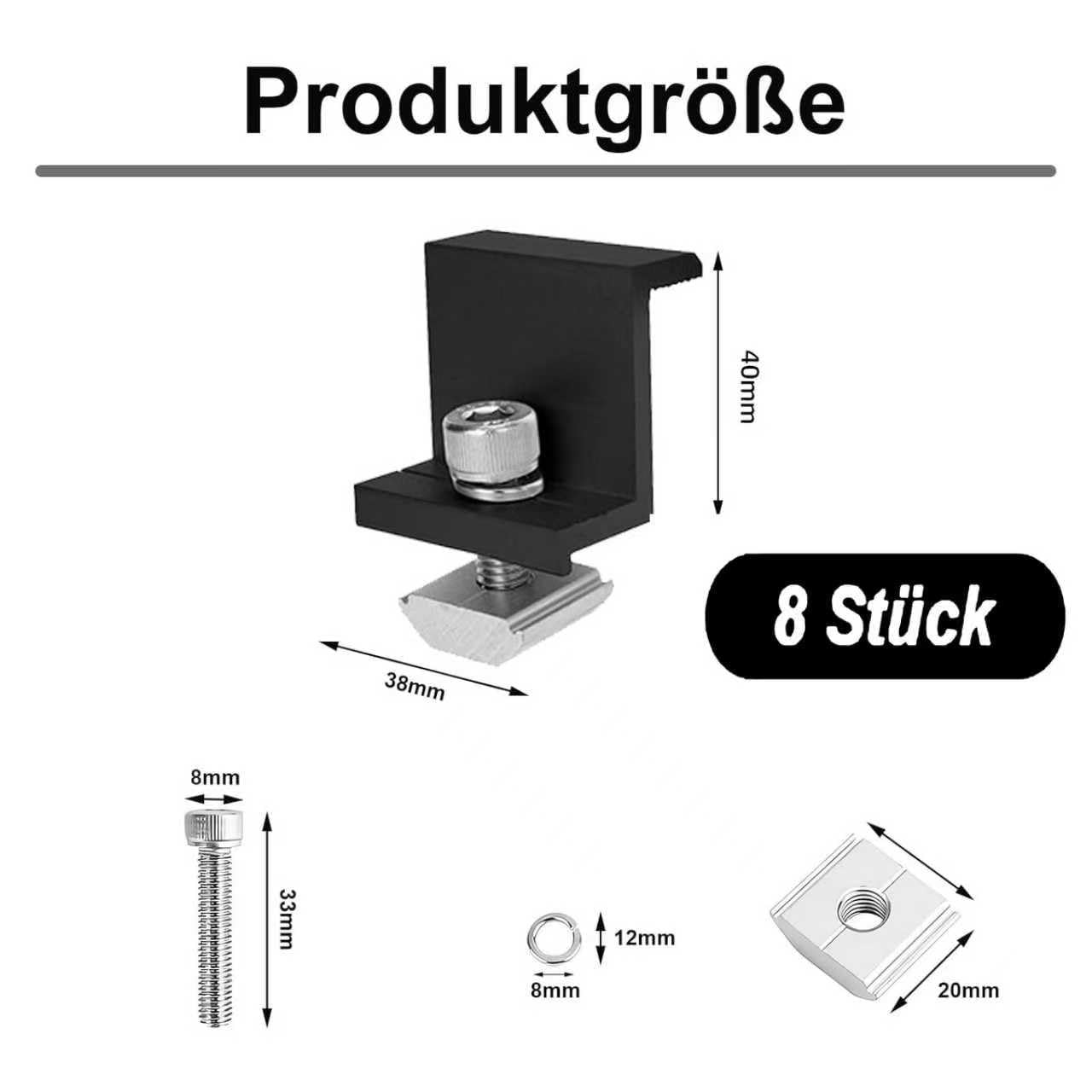 8 pezzi supporto per modulo solare da 40 mm, morsetti terminali terminali in alluminio PV nero, pannello solare con supporto a Z, morsetto solare regolabile per tetti, camper, barche e pareti
