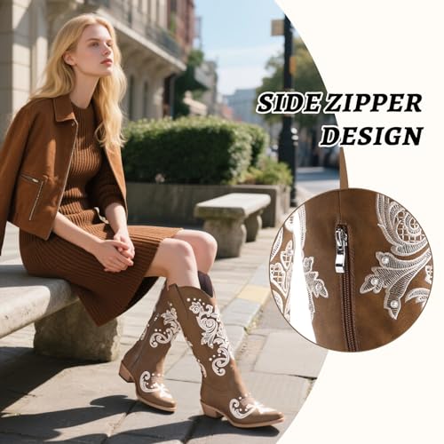 Image of Lace Up Cowboy Boots for Women Embroidered Wide Calf Cowgirl Boots Comfortable Chunky Heel Pointed Toe Trendy Western Shoes for Prom Music Festival