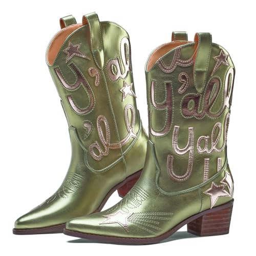 Metallic Cowboy boots for Women Embroidered Mid Calf Womens Cowgirl Boots Western Pointed Toe Chunky Heel