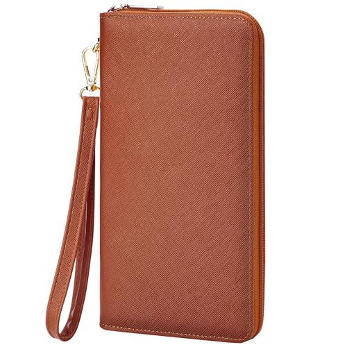 Image of Chelmon Women's Vegan Leather Clutch Wallet with Zip, Hand Strap, Large Capacity, Ch Brown, 8.26 inchx4.5 inchx1 inch, Classic