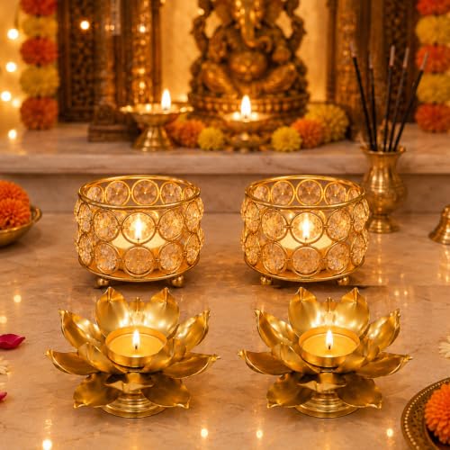 Image of Easyera Beautiful Lotus Tealight Holder Candle Stand Metal Home Decoration Festival Occasions Diwali (Not Include Glass Candle) Golden Pack ((Golden) Mini Lotus 2 /Crystal Holder 2)