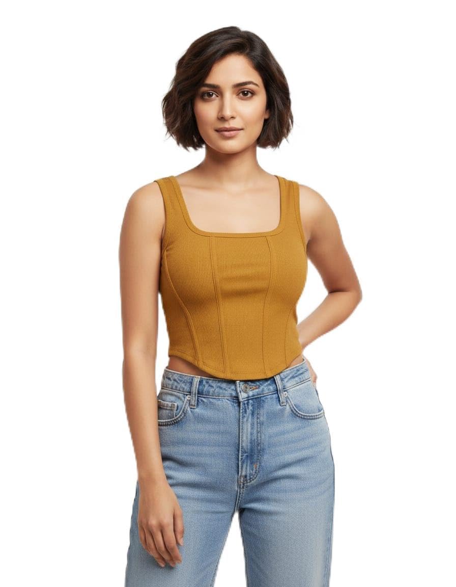 T&T COMPANY Crop Tank Top, Mustard Yellow, Ribbed Textured Polyester, Square Neckline, Sleeveless, Casual Style-image-29