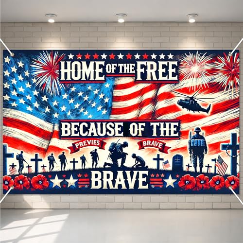 Image of BlissYard 4th of July Banner 71 x 43 Inches Patriotic Decorations Home of The Free Because of The Brave Backdrop American Flag Fireworks Banner for Outdoor Memorial Day Veterans Day Party Decor Photo Studio Booth