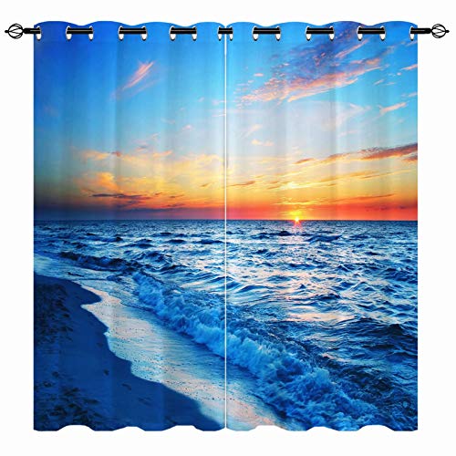 Anhope Beach Blackout Curtains, Ocean Tropical Landscape Hawaiian Sunset Sea Waves Scenery Pattern Grommet Thermal Insulated 3D Print Curtains For Bedroom Living Room Home Decor 2 Panels W29.5 X L65 #TOP24