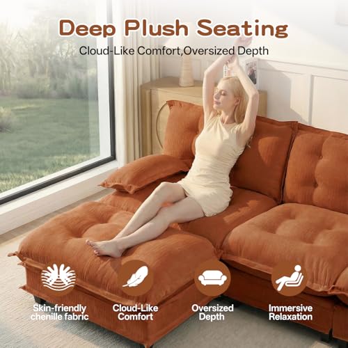 Modular Sectional Sofa, 28D High-Density Foam Cloud Couch, Chenille U-Shaped L-Shaped Sectional with Ottoman, Screw-Free Assembly, 12cm Raised Legs for Living Room (Orange, 77 inch-Straight) - Image 4