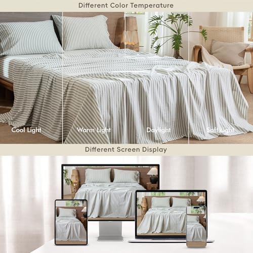 Image of MooMee Striped Sheet Set 100% Washed Cotton Linen Like King | Relaxed Linen-like Texture. Soft, Breathable & Lightweight Comfort. 15-19 inch Extra Deep Pocket with All-around Elastic