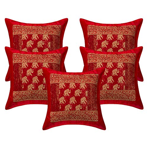 Image of Silk Elephant Printed Red Color Pillow Cover | Jaipuri Traditional Silk Cushion Cover (16 x 16 Inch) | Set of 5