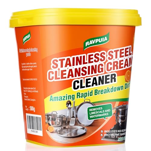 STAINLESS STEEL CLEANER & POLISH - Heavy Duty Cleaning Paste for Stove, Oven, Pans, Cookware, Sink | All Purpose Multi-Purpose Household Cleaner | Removes Grease & Stains | with 2 Sponges (500g)