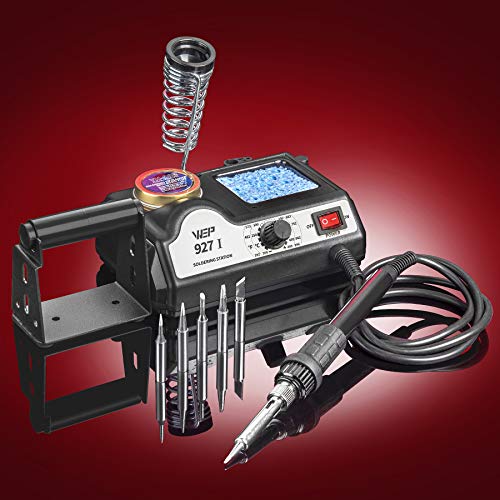 WEP 927-I-ST Adjustable Temp 60 Watt Soldering Iron Station with Soldering Iron, 5 Extra Tips, Side Solder Roll Holder & Spring Soldering Iron Holder, Brass Tip Cleaner w/Cleaning Flux & Wet Sponge