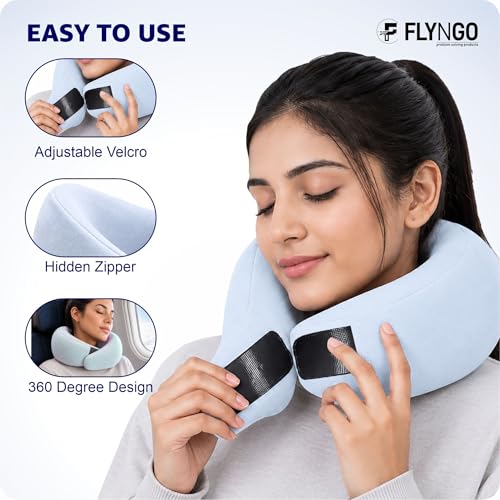 Image of FLYNGO Memory Foam Neck Pillow for Travelling, Car, & Flight Head Rest Travel Neck Support Pillow with Adjustable Velcro Strap, Eye Mask (Ice Blue)