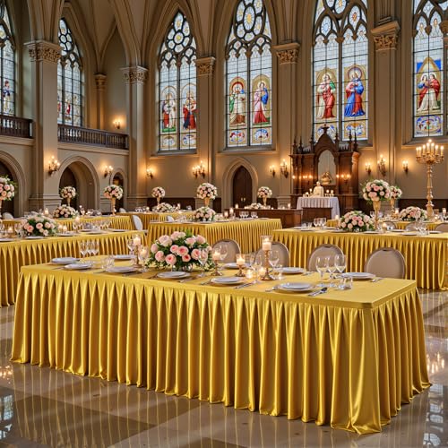 8FT Gold Satin Tablecloths for Rectangle Tables - Shiny Spandex Party Table Cover with Pleated Table Skirt, No-Wrinkle & Glossy Wedding Tablecloth One-Piece for Birthday Baby Shower Banquet Ceremony