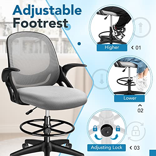 Devoko Drafting Chair Tall Office Chair With Flip-Up Armrests Executive Computer Standing Desk Chair With Lockable Wheels And Adjustable Footrest Ring (Light Grey) #TOP3