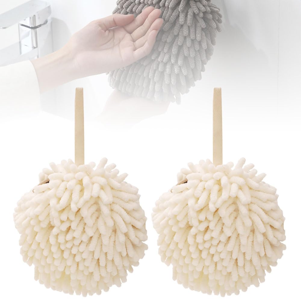 Absorbent Hanging Hand Towel Ball for Kitchen Bathroom 2PCS Chenille Plush Hand Towel Puff Ball Hand Towels Bathroom