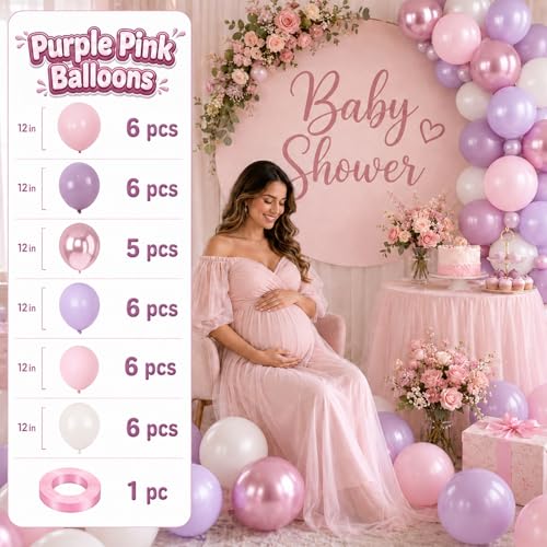 Image of Pink and Purple Balloons, 12 Inch Pastel Light Pink Lavender White Balloons with Lilac Beige Metaliic Balloon for Fairy Princess Butterfly Birthday Bridal Shower Baby Shower Wedding Party Decoration