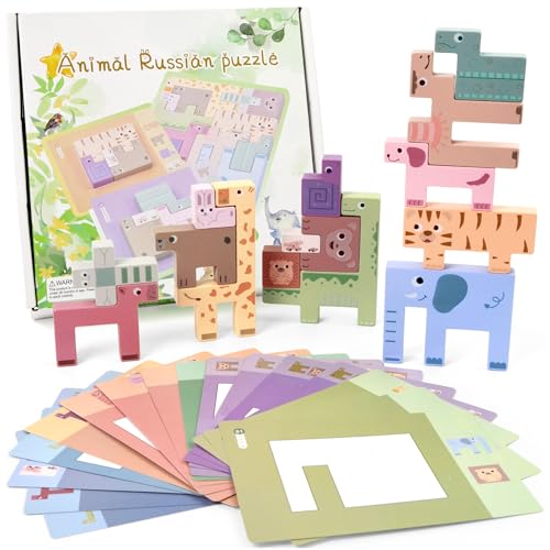Image of Vileafy Wooden Animals Toys for Toddlers 3-5, Balance Match Stacking Game | Montessori Brain Toys with Challenge Cards for Boys and Girls Gifts, Preschool and Kindergarten Animals Puzzle Stacking Toys