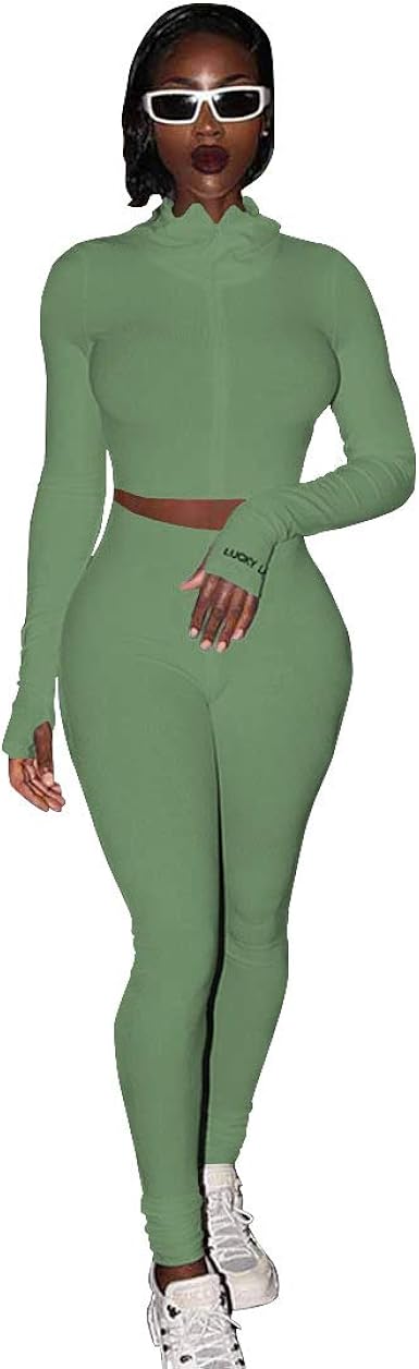 PINSV 2 Piece Outfits for Women Zip Up 
