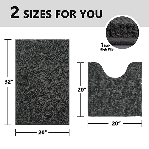 Image of BOANKODU 2-Piece Bath Set, Soft Chenille Bath Mat & U-Shape Rug, Non-Slip, Machine Washable (Grey, 32x20 + 20x20 Inch)
