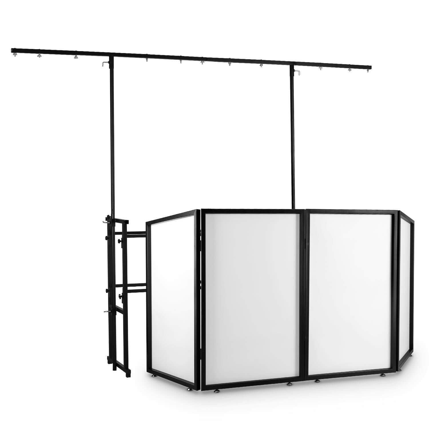 Vonyx DB7 + DB2 – Pack cabina DJ con soporte metálico y pantalla plegable lycra iluminable barra luz ajustable 260cm estructura DJ booth profesional para eventos DJs móviles, color negro blanco