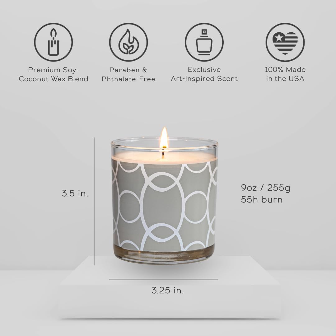 Circles Art-Inspired Scented Candle | 9oz Soy Coconut Wax Blend | 55-Hour Burn | Premium Bamboo & Peony Scent | Signature Artistic Glass Vessel | Unique Gift | Made in The USA