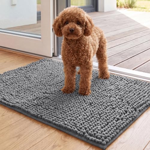 Image of H.VERSAILTEX Dog Door Mat for Muddy Paws Absorbent Dirt Trapper Non Slip Quick Dry Washable Chenille Mats for Dogs Entry Rug for Indoor Outdoor (Grey, 17 inch x 24 inch)