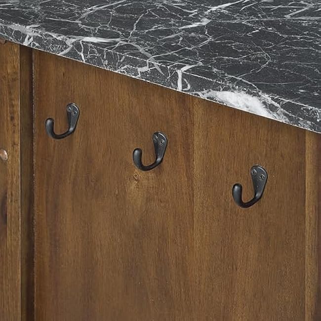 OSP Home Furnishings Fairmont Modern Farmhouse Kitchen Cart, Rolling Storage Cabinet with Drawer, Shelves, Hooks, Towel Bar, Oak Wood Finish with Faux Marble Top-039O4Hx3