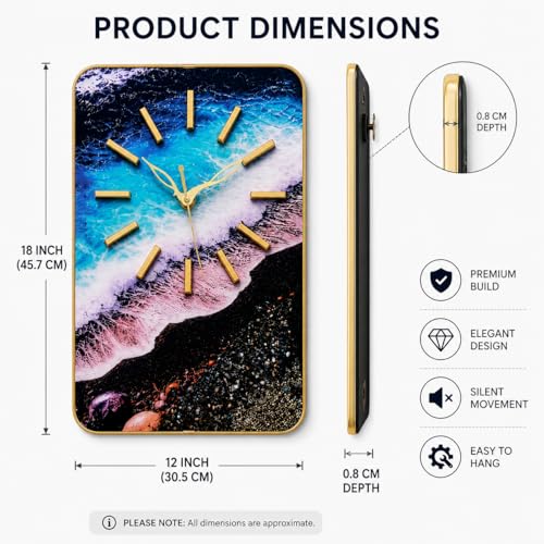 Image of Ocean Wave Wall Clock 18x12 Inch | Silent MDF Coastal Decor | Luxury Vastu Wall Clock with Golden Metal Markers | for Living Room, Bedroom & Office