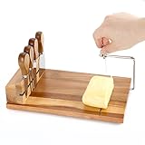 Cheese Slicer (11.7β x 9β x 3β) - Acacia Wood Board Cheese Cutter with Wire - 4 Magnetic Cheese Knife Set w/ Anti-Slip Board - Stainless Steel Cheese Slicers for Block Cheese w/ Replacement Wire