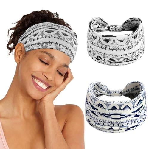 Image of MAYCREATE 2Pcs Cloth Hair Bands for Women Extra Wide Fashion Print Headband for Women Soft Stretchy Head Band for Daily Yoga Sports Party