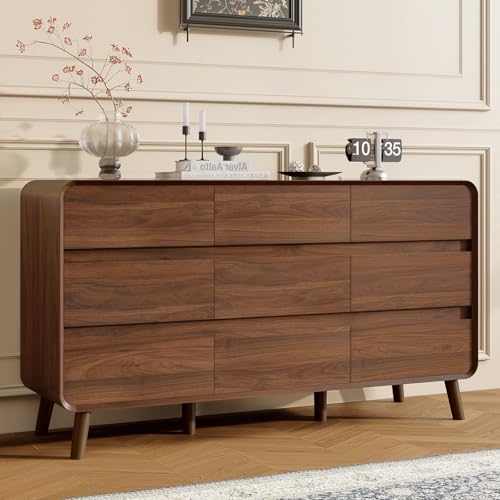 Image of Nasonet 9 Drawer Dresser for Bedroom, Mid Century Modern Wood Chest of Drawers, Wide Storage Drawer Dresser TV Stand, Walnut