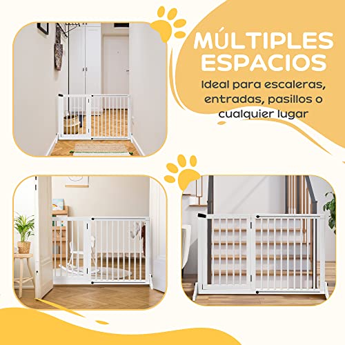 Miniatura 4 de Pawhut Barrera Para Perros Extensible Barrera De Seguridad Para Perros De 3 Paneles Con Longitud Ajustable Marco De Madera Y Soporte De Pie 113-166x36x71 Cm Blanco
